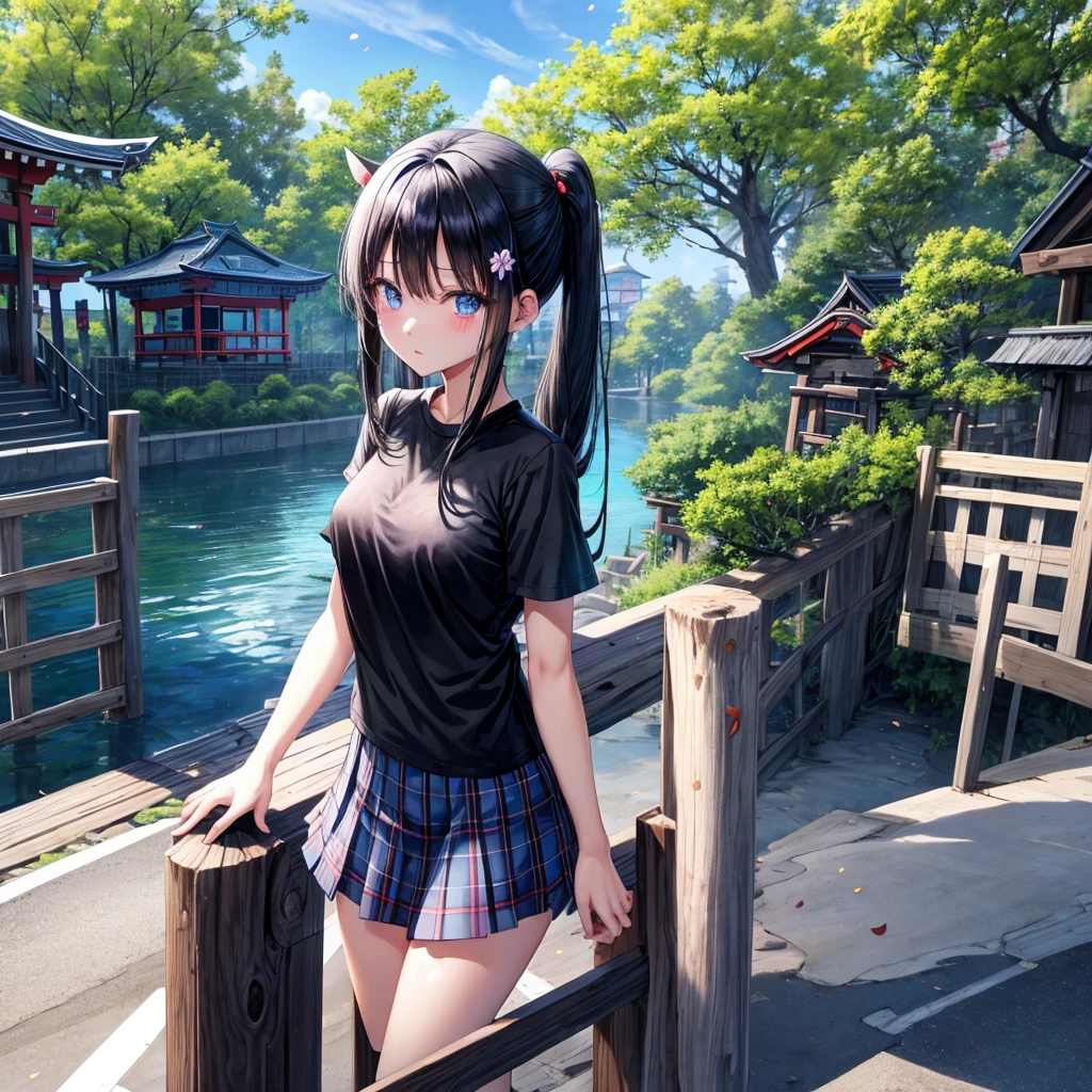 Black blue hair、blue eyess、one good looking girl、独奏、animesque、lightly dressed、Plaid miniskirt、flower petals、wetting hair、Black T-shirt、large tree、云、railroad crossing、poneyTail、shrines、!!!!????、wakame