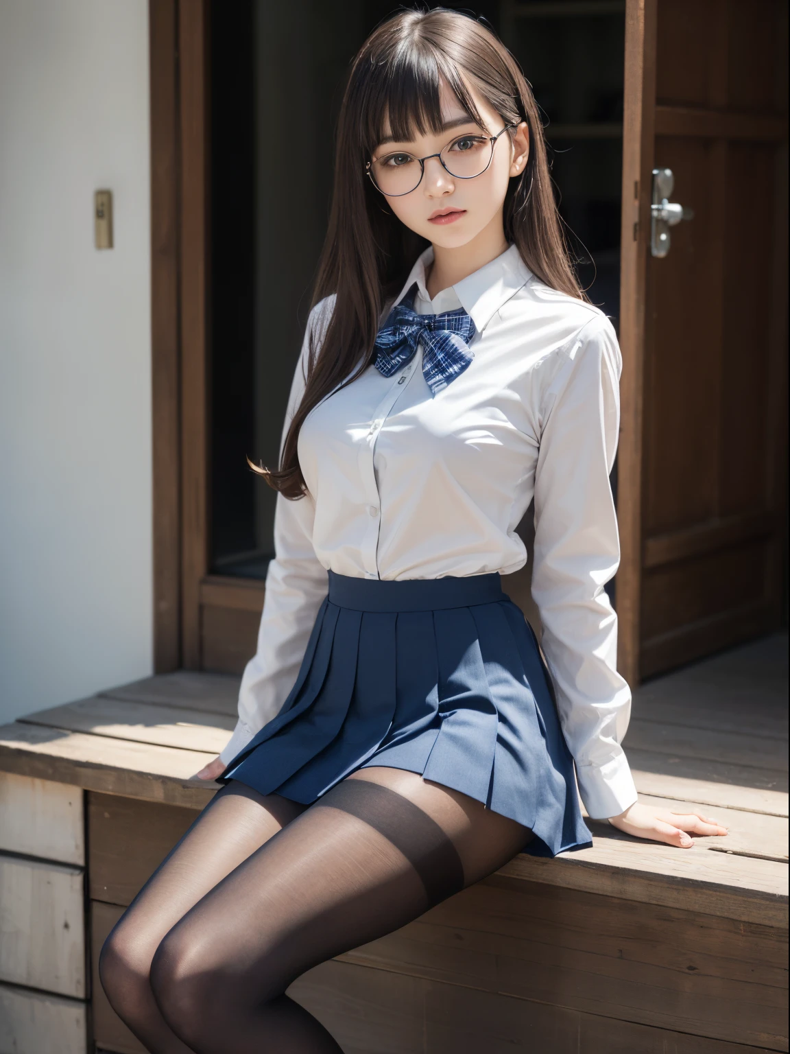 (Underwear is visible)、((Narrow-eyed))、((Narrow-eyed))、((Narrow-eyed))、(8K、Raw photography、top-quality、masterpiece:1.2),、Has a small、(flat breast)、(flat breast)、(flat breast)、(flat breast)、(flat breast)、(being thin)、light skinned、skin whitening、Dark look、Rasping,glamor,Chromo-white skin,cocky,School,watching at viewers,Looking at the front,Muchimuchi,High-pitched clothing,Erotic,Pupils,de pele branca,kne,((Black pantyhose)),absurderes,a small face,,Forehead visible,Bangs hanging from the left and right sides of the forehead,(a cold expression,Tight eyes,glares,Bullish,irate)、masterpiece,top-quality、超A high resolution,Raw photo,ren,Beautiful fece,One Person, 独奏,eye glass,,Dark look,Small breasts,fullllbody,Round glasses,JK school uniform,hi-school girl,A Japanese Lady,is standing,(Photorealsitic:1.37)、Photon mapping,Realistic、Beautie,Cute little face,Brown-eyed、Black socks、(Red bow tie)、Radio City、Physically Based Rendering、depth of fields、Blurry background、a picture,Body,beauty legs, Long legs, Thin leg,(Bangs are visible), hair, s lips, Blue_The eye, nosesoft,(Light blue shirt), (Navy and blue and white plaid pleated skirt), Knees are visible,Sheer clothing,, Thigh, Black cotton socks,Nogizaka Idol, 女優, Japanese ido