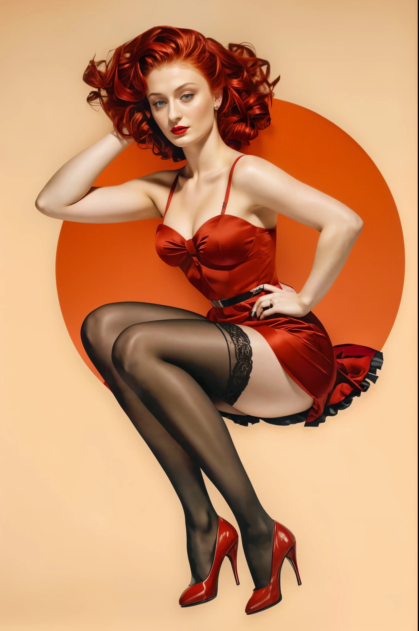 beautiful pinup girl sitting down on blank blue background. Red bikini, brownish red hair, red lipstick, no shoes. Hand Painted style effect