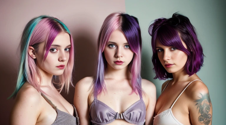 Four 22 year old girl punk BDSM models, dyed hair.  Facing viewer, pastel theme, soothing tones, muted colours, high contrast, (natural skin texture, hyperrealism, soft light, sharp) glamour magazine