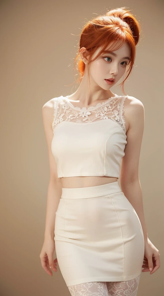 Abeautiful woman standing, wearing Lace Shirt And Milky White Pencil Skirt , pale skin, smooth pale skin, skin tune red, perfect body, detailed body, cute face, orange hair, ponytail hair