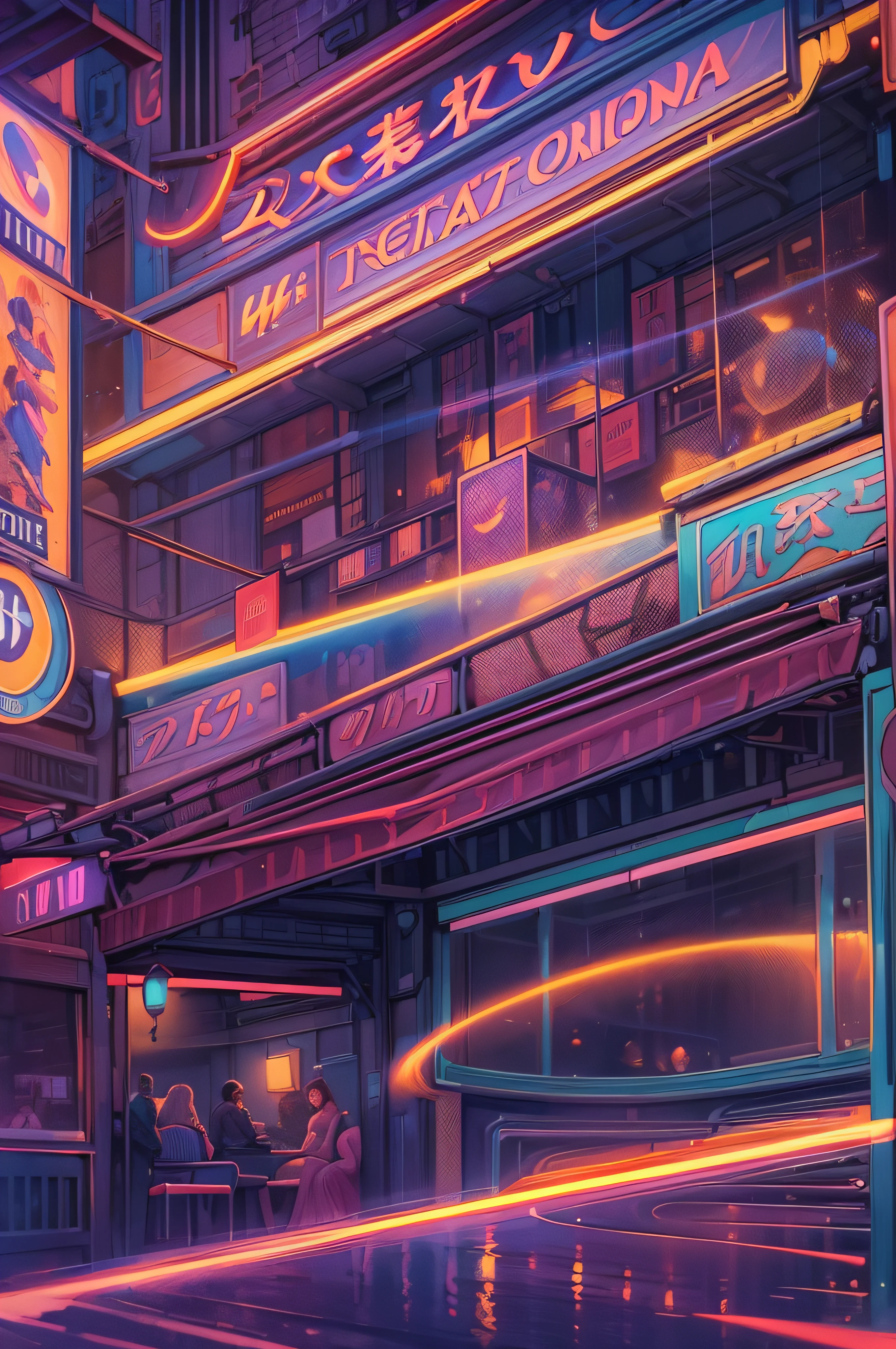 (Best quality at best,4K,A high resolution,tmasterpiece:1.2),ultra - detailed,(actual,realisticlying,Photorealistic:1.37),the night,Bustling streets,neonlight,Urban pop style,Luminous dance floor,vintage fashion,Trendy café,vivd colour,sparkling reflection,nostalgic atmosphere,Lively crowd,Dynamic energy,cosmic resonance,illuminated signs,Street performers,late night shopping,Stylish building,traffic light,exquisitedetails,motionblur,Artistic perspective,Tranquil moonlight,Exciting nightlife,Hidden secrets,hidden cafe,CaptivatingMusic,Mysterious alley,Explosive fireworks,Joyful laughter,futuristic skyscraper,CaptivatingMusic,intimate conversation,dancing shadows,Festive atmosphere,Peace and quiet,energetic rhythm,velvet night sky