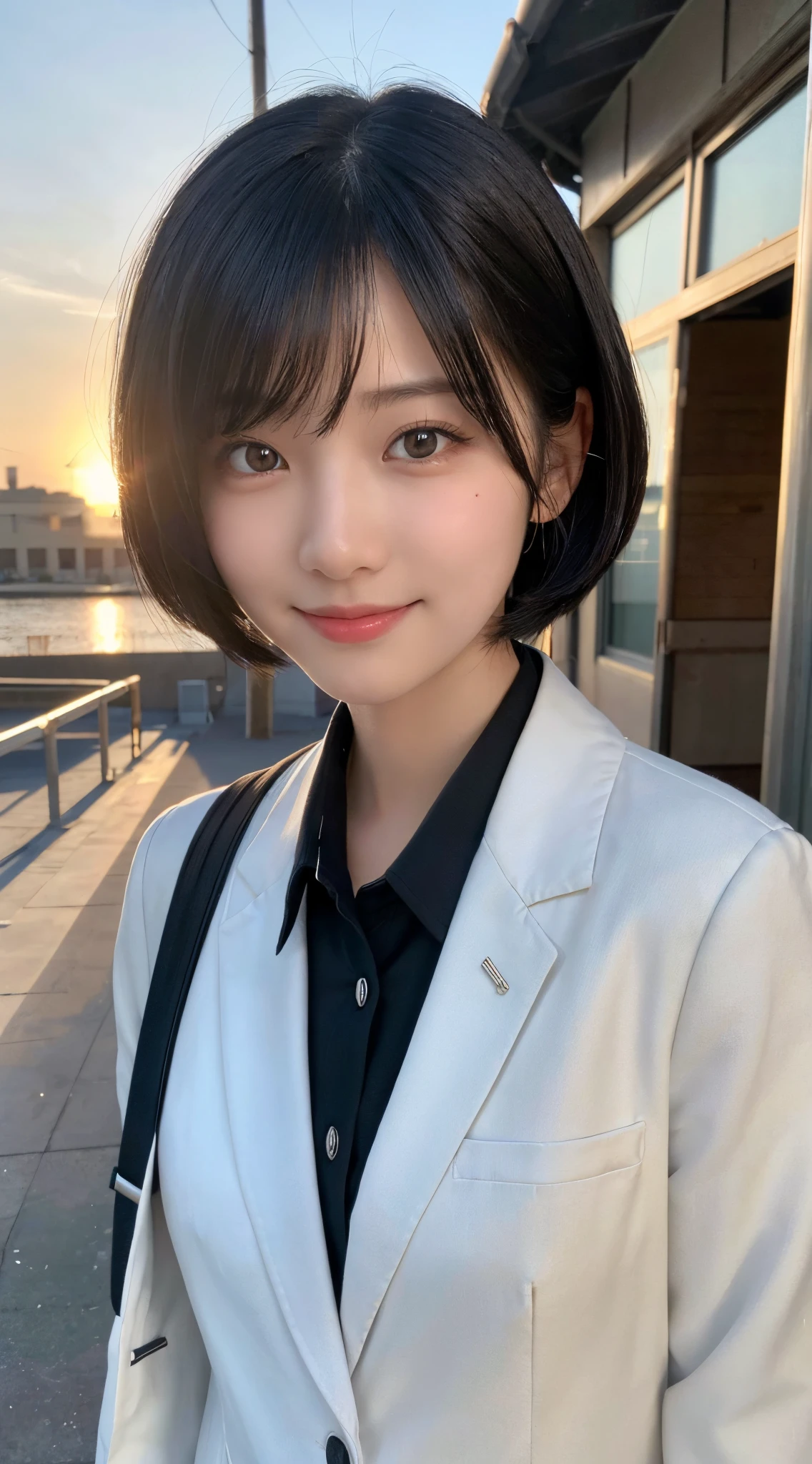 (top-quality,8K picture quality,​masterpiece:1.3),(超A high resolution,Photorealsitic:1.4,Raw photography),(ultra-detailliert,Caustics,Detailed background),(Ultra-realistic capture,Beautifully detailed skin,perfect anatomia),at the sunset,Sunset sky,school buildings,school ground,18year old,kawaii,Single eyelid,Black hair short bob,School Blazer Uniform,Looking at the camera,A smile,Bust-up shot,natural soft light