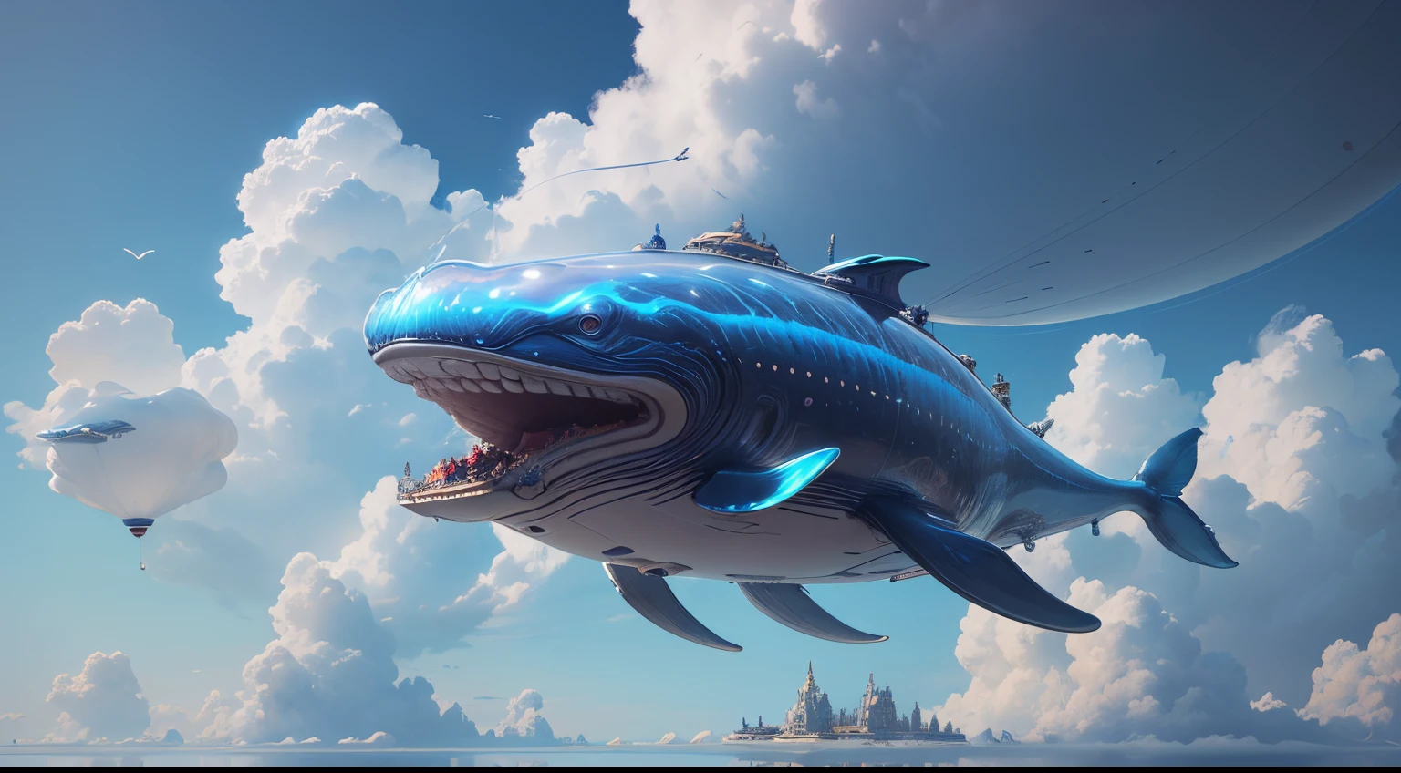 tmasterpiece,Best quality,A high resolution,8K,(A fantasy-style bio-boat),(The transparent blue whale flying in the sky),(I have a building inside me),balloon creature,Fly in the air,animals suspended in the air,with blue sky and white clouds,Mare,oc render reflection texture