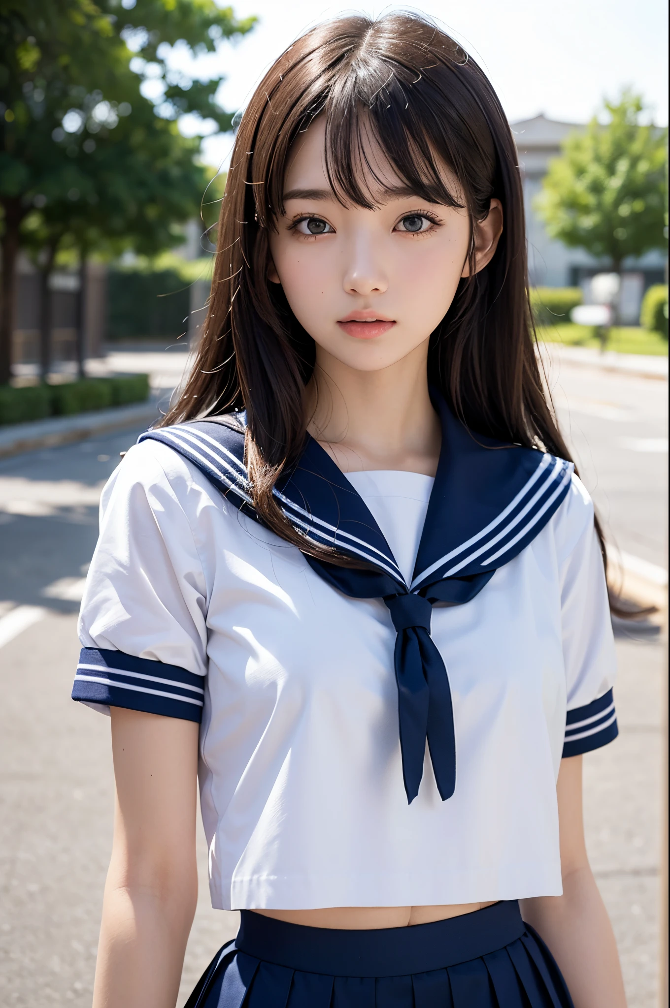 (masutepiece, Best Quality:1.2), 8K, Official art, Raw photo,  (Upper body, Sailor Uniform,:1.4), a beauty girl, Idol face, pleatedskirt, School uniform,  Colossal tits　Short sleeve,  Cinematic lighting, Detailed face, Bokeh background, 1 girl in