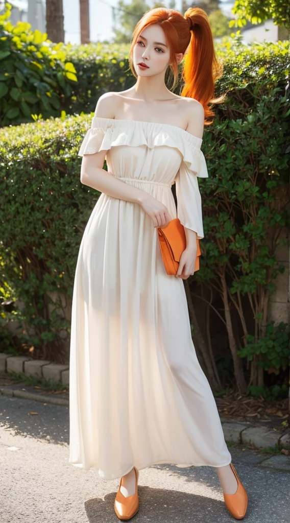 A beautiful woman standing, wearing ((Off Shoulder Maxi Dress, Flats)) , pale skin, smooth pale skin, skin tune red, perfect body, detailed body, cute face, orange hair, ponytail hair