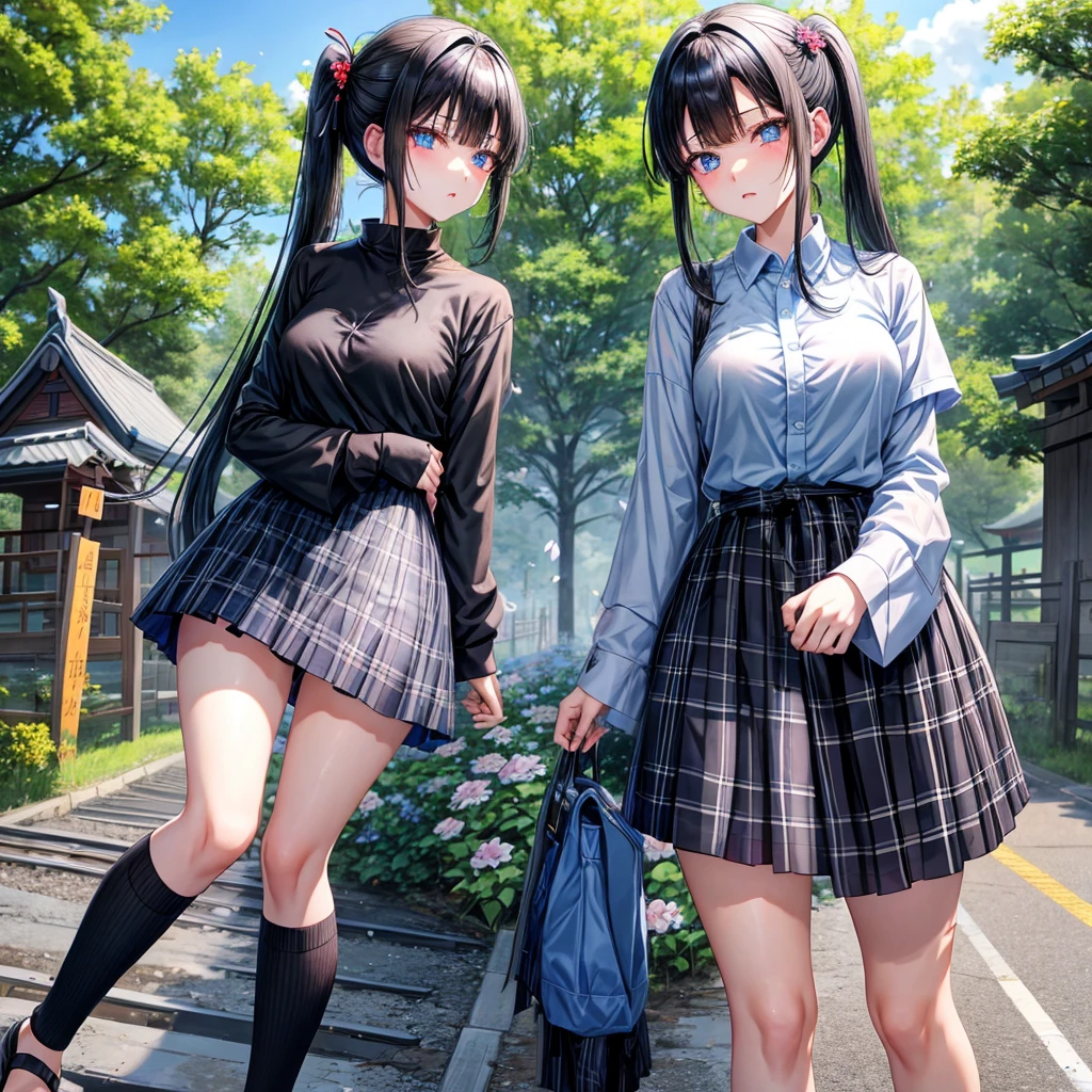 Black blue hair、blue eyess、one good looking girl、独奏、animesque、lightly dressed、Plaid miniskirt、flower petals、wetting hair、Black T-shirt、large tree、云、railroad crossing、poneyTail、shrines、!!!!????、wakame