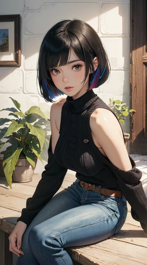 (((8k wallpaper of extremely detailed CG unit:1.2, masterpiece, hight resolution:1.2, top-quality:1.2, masutepiece))), ((a very beautiful woman, sitting on, Wearing a knitted sweater, wearing denim skinny jeans)), ((extra detailed face, Highly detailed black eyes, extra detailed body, Top quality real texture skins)), (A dark-haired, bob cut hair, de pele branca, Small), ((Colorful wall)), high-angle, hyper realisitic, digitial painting,