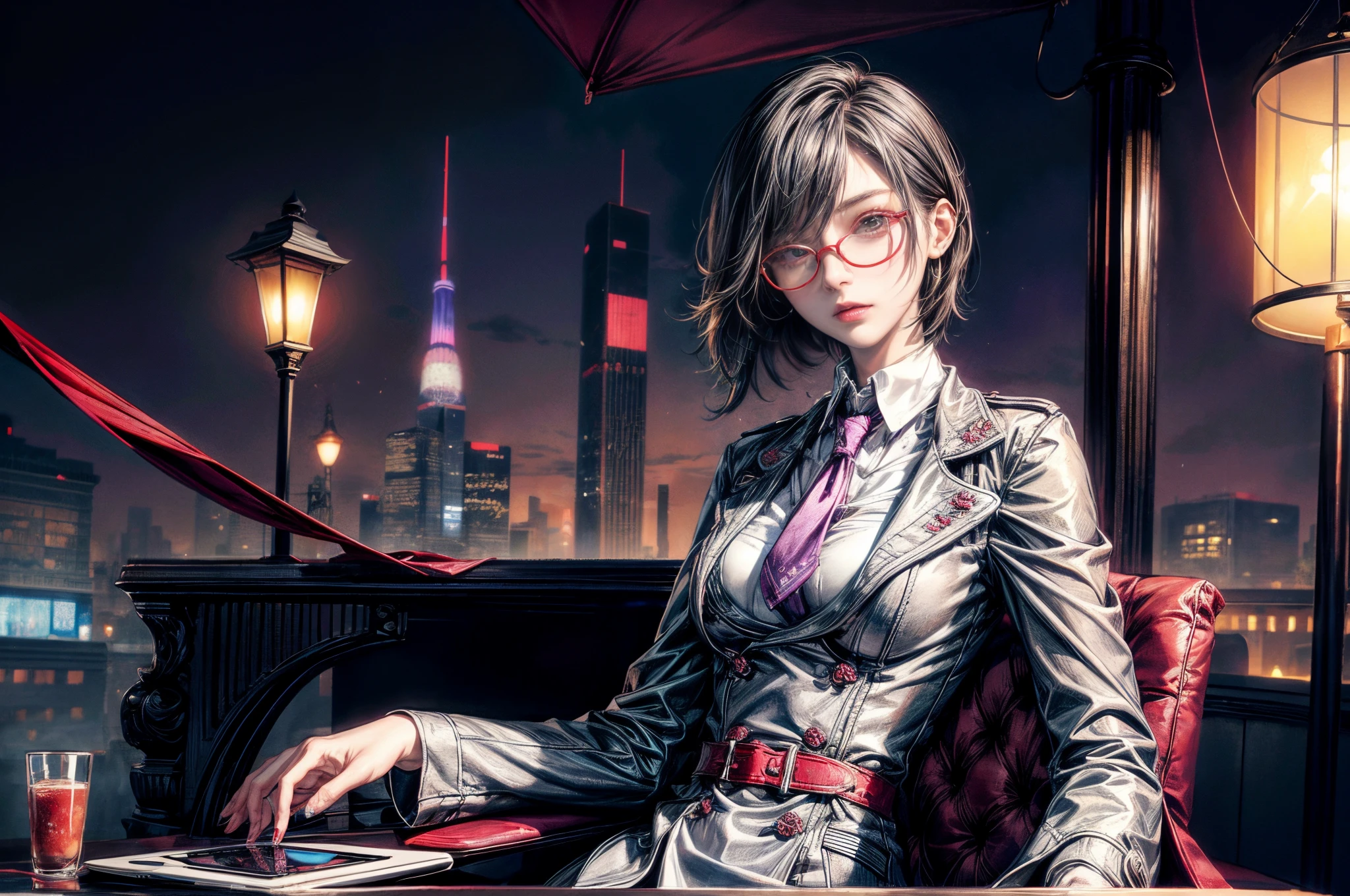 Cinematic lighting,super detailed skin、Beautiful detailed eyes、Best Quality,cyberpunked,(Alternative、dim colors, Soothing tones、Perfect ???????:1.3),(1beautiful woman、Detailed beautiful facial features、独奏:1.3)（black hair shorthair、eye glass:1.5）BREAK.
Gray trench coat、Stylish stand collar white business shirt、Purple tie、Tight leather pants BREAK.thick red frame glasses、Cafe terrace seating、touch glass、（tablet computer on the table:1.2）、natta。jpn