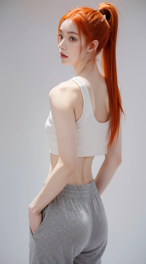 A beautiful woman standing, wearing Crop Top And Joggers, pale skin, smooth pale skin, skin tune red, perfect body, detailed body, cute face, orange hair, ponytail hair