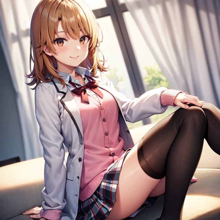 Isshiki Roha, shorth hair, brown haired, brown-eyed, skirt by the, The shirt, bow ribbon, 校服, jaket, White shirt, Open clothes, sockes, Open jacket, Black jacke, Plaid, knee high, plaid skirts, blazers, cardigan, Black socks, pink cardigan, sobu highschool uniform, a smile, solo,Black tights