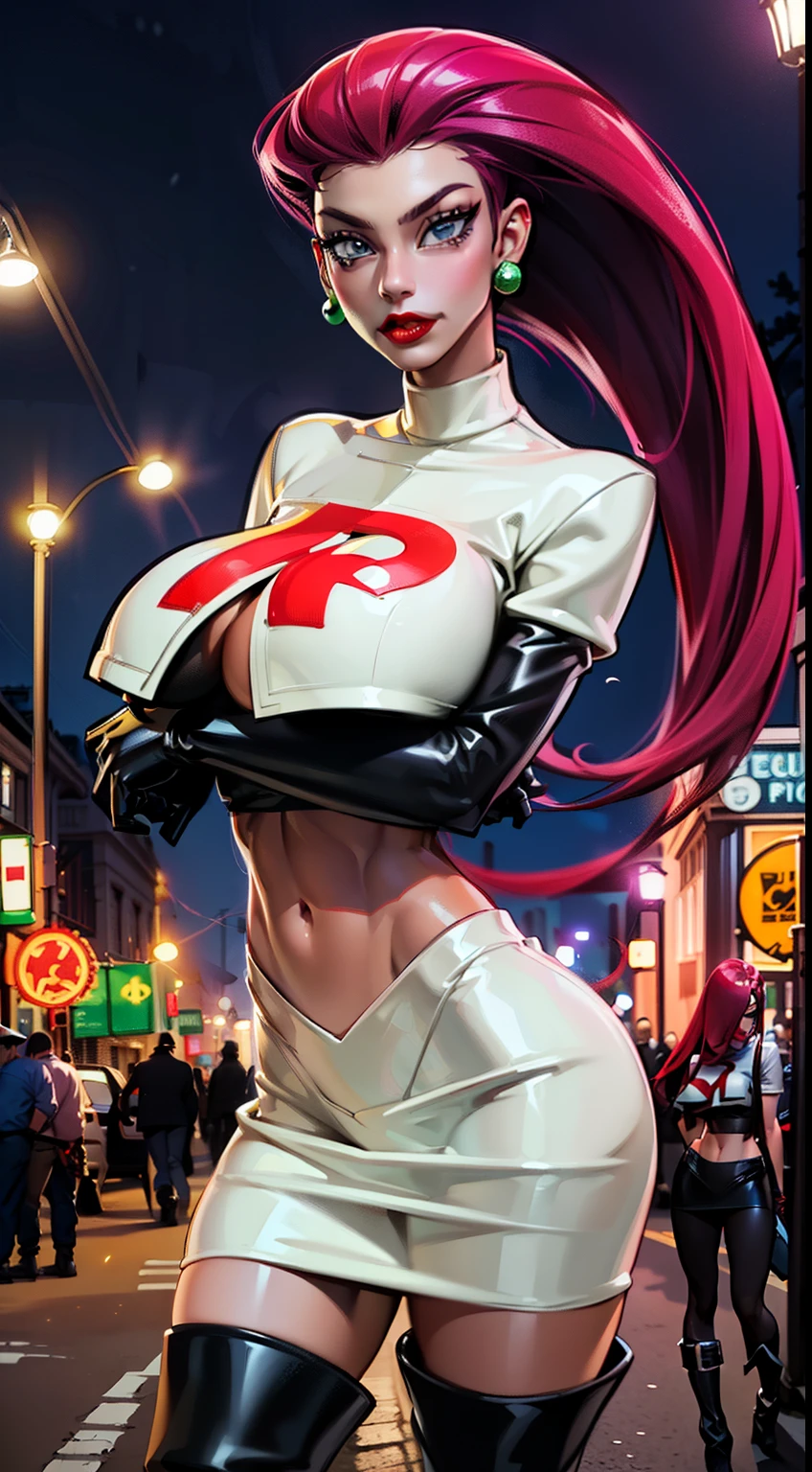 ((Cowboy shot:1.4)) 1 Same Girl , Perfect Beautiful , Pokémon character Jessie, (team rocket uniform) ((Jessie)), ((gigantic breasts:1.2)) (red violet hair), Extreme Detailed Portrait With Bokeh Effect , Realistic Lighting , ( ((black boots)) above knees:1.4), ((long hair:1.2)), (slicked back hair), Night Street View , Dark Vibe , Crowd , Gothic Makeup , (black gloves :1.2), (white skin:1.4) , (red lipstick:1.4), (giant red R on shirt),((white crop top, white skirt))Posing Like a Model , Look at Viewer, cool lighting, blue street lamp light ((moonlight ambiance light:1.0))