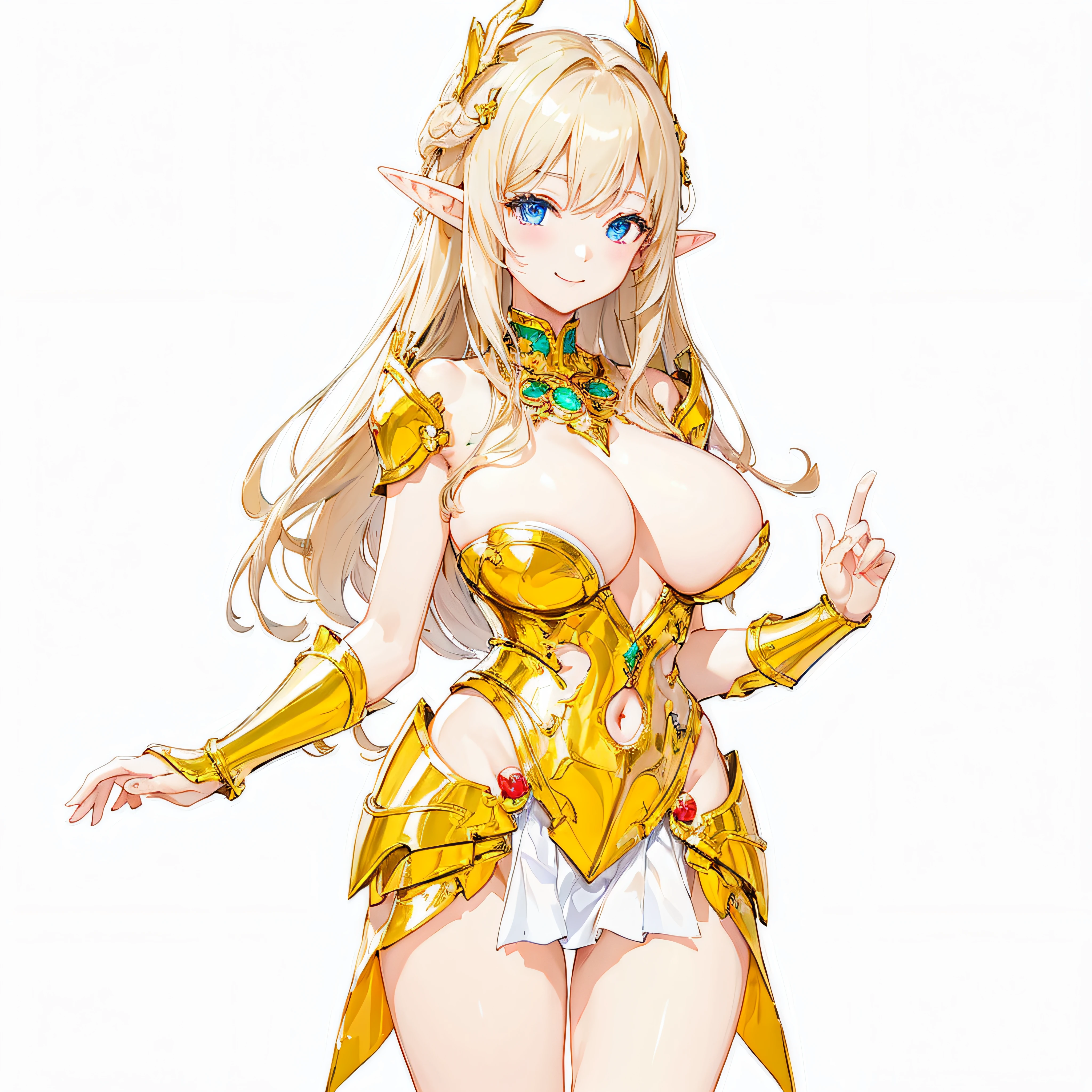 masterpiece、top-quality、ighly detailed、hight resolution、16k、fullnude、teats、Boob proportions、golden armour、Very thin skirt、Black pants、Full body like、Very white skin、Beautiful fingers、Anime girl with very big breasts posing naked、Perfect Style、elvish、no-bra、Blonde blue-eyed、A smile、An elf girl