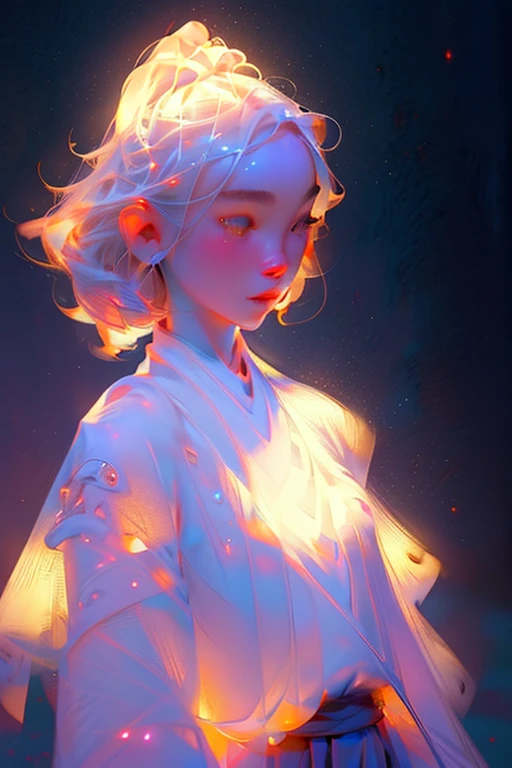 Best Quality, masutepiece, hight resolution,, 1girl in, Detailed face, (Upper body:1.6), Cyber Cities, mountains and rivers, Night, firefly lights, Realistic, Rich in detail, (white hanfu:1.2), (Beautiful body:1.4),