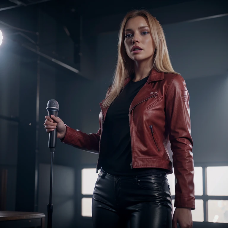 Blonde woman, blue eyes, singing with a microphone, red leather jacket, black pants, perfect body, ultra-realistic HD, 8K render, realistic, cinematic, photorealistic, Unreal Engine 5, bright sunny day, full screen.
