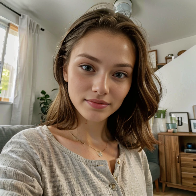 (((hd closeup photo))), one standing, Anna Hut loking at camera, in livingroom
