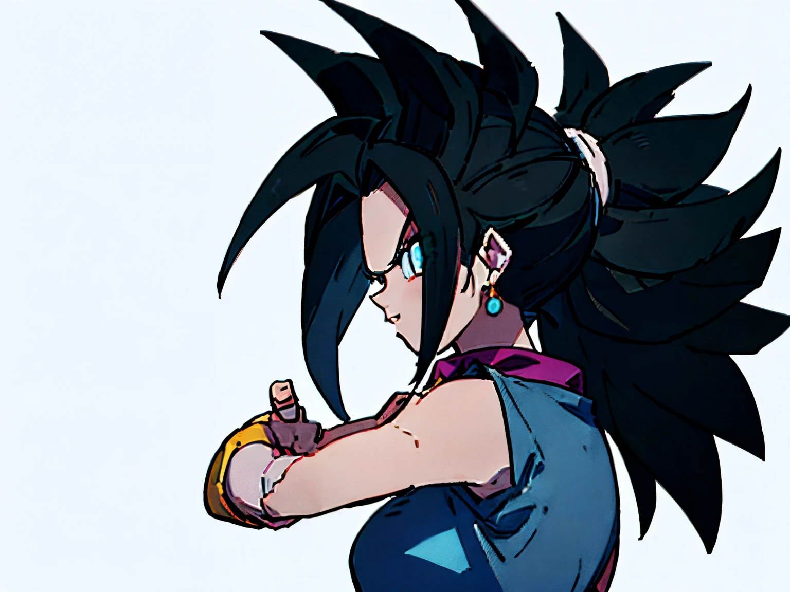 ((Kefla)) (Dragon Ball Super (DBS)) ,((masterpiece)),(((best quality))),(character design sheet, same character, front, side, back), illustration, 1 girl, hair color, bangs, hairstyle fax, eyes, environment change scene, Hairstyle Fax, Pose Zitai, Female, Shirt Shangyi, Star, Charturnbetalora, (simple background, white background: 1.3)