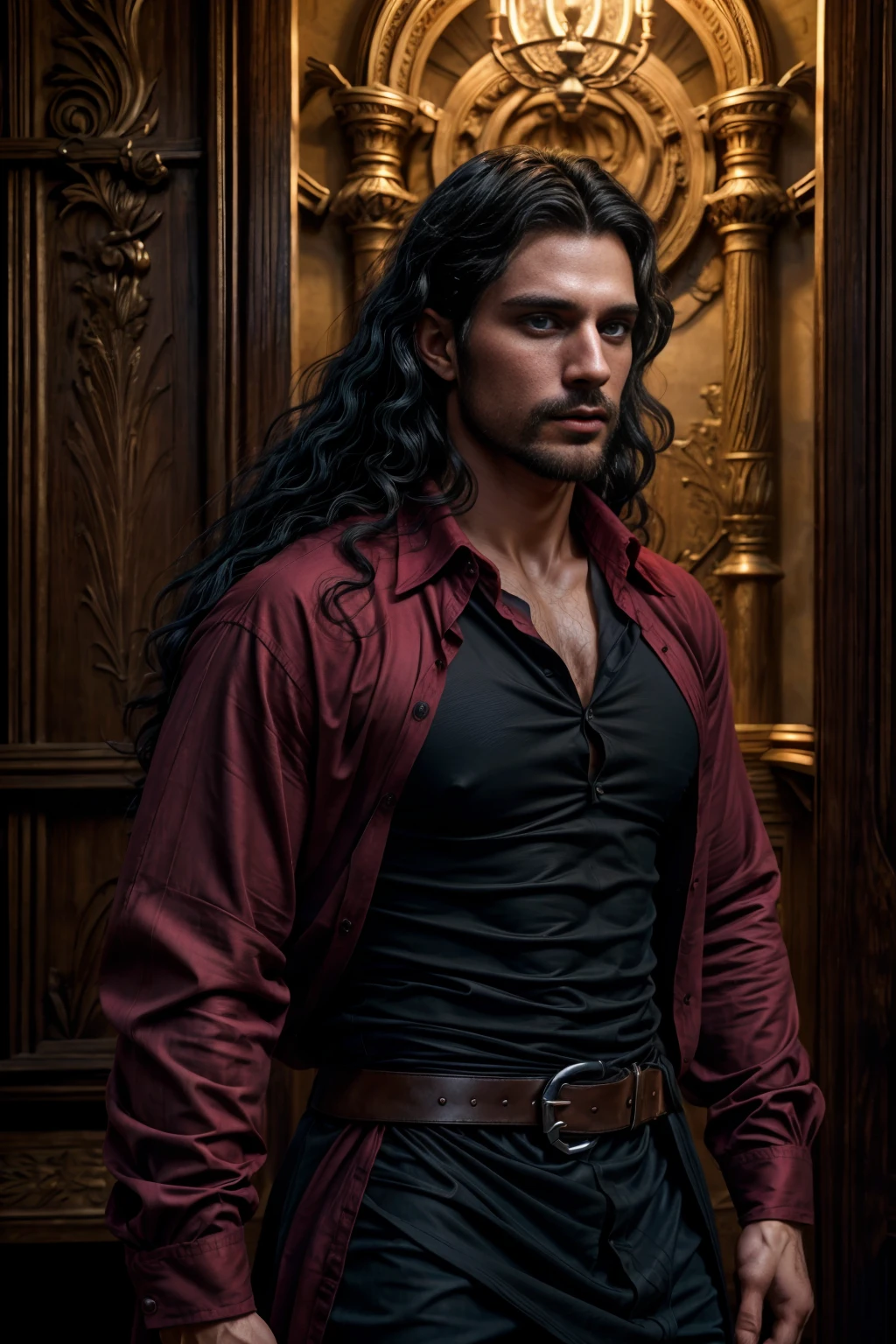 a man with a well-groomed beard, square face, thin nose and full mouth, ((bright blue eyes)), ((long black curly hair)), ((handsome and sexy man)), ((20 years old)), half-length photo, various positions, open shirt, ((red shirt)), broad and strong chest, in the background room of a medieval castle, Wallpaper 4k, 32k ultra |, Ultra HD |, Cinematic lighting, poster of film, Superior Quality、High Resolution、8k high definition、Photogenic clarity、