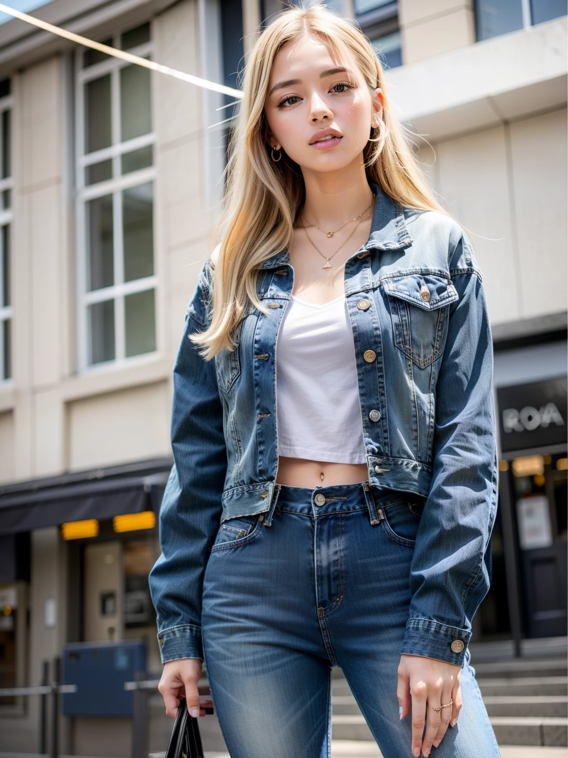Close-up of woman in cropped jeans jacket, off-shoulder shirt(with jacket), wearing a jean jacket, Jean jacket, Denim jacket, Blue Jacket, Trendy clothes, wearing jeans, casual clothing, Short jacket, Casual dress, double layer denim, wearing crop shirt, Modern casual clothing, Jeans, Wear a shirt and jeans.., cute streetwear