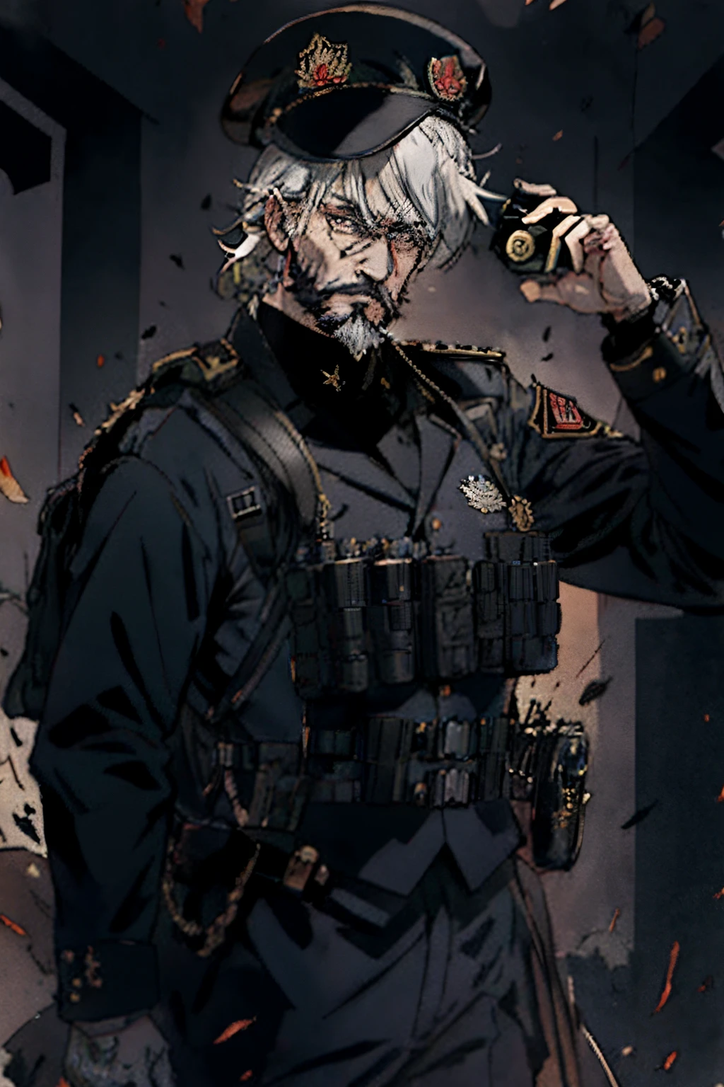 Glock pistol In hand ,anime HD , anime HD , FULL HD HIGH DEFINATION , intricate details, hyperdetailed, cinematic, rim light, danger atmosphere ,hot, beautiful man, tall and broad guy , black beard, white hair, scar face,Soldier with black uniform and a Glock, CIA, ruined background, realistic, stylish, dark blue beret, army medals on coat, backpack big emergency ,black balaclava, tactical vest,