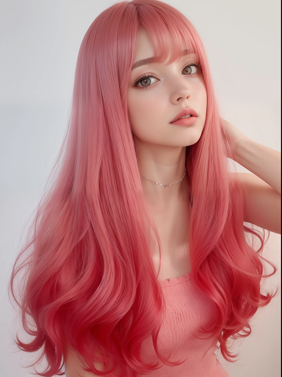 um close de uma mulher com longos cabelos rosa e uma peruca rosa, estilo de cor rosa e vermelho, long flowing pink hair, flowing pink hair, com cabelo rosa, pale red, cabelo rosa longo, cabelo liso rosa, peruca vermelha, com longos cabelos ruivos, cabelo longo chiclete, cabelo rosa claro com chamas cor-de-rosa, gradiente vermelho claro, Coral Vermelho, cores rosa e vermelho
