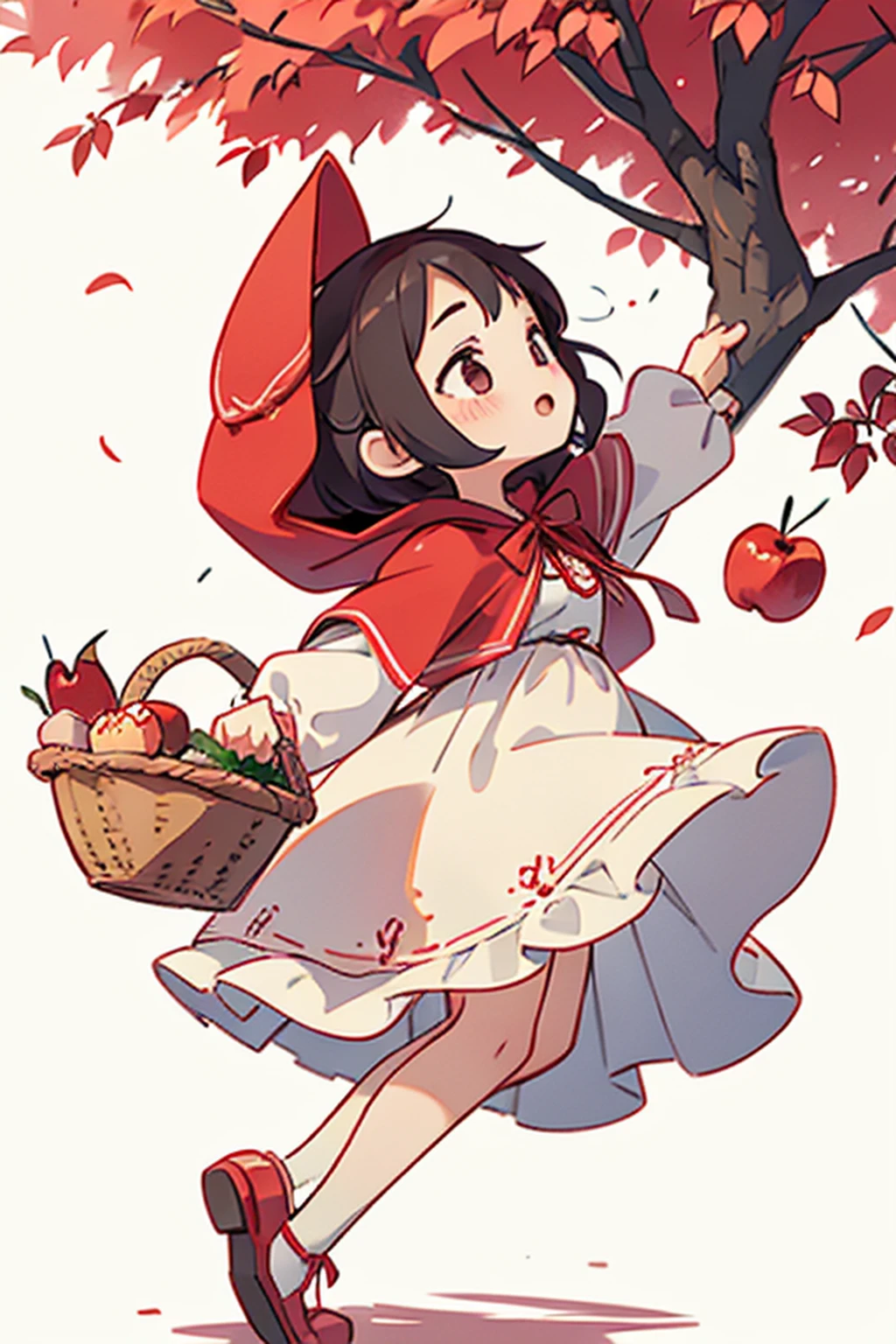 Girl dressed up for adventure、dress up as little red riding hood、Belly up、Humming a song while walking、quite interesting、oda'basket of apple pie、Take a low-angle photo from the side