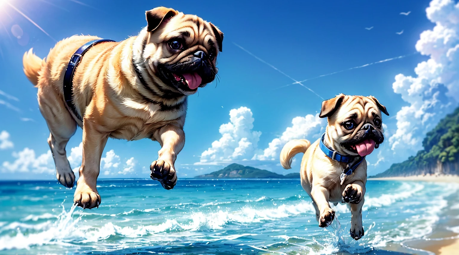 (top quality picture,masterpiece level,high-level image quality),Super cute pug、Pug running on the beach、Dynamism、sea side、shores、blue sky、