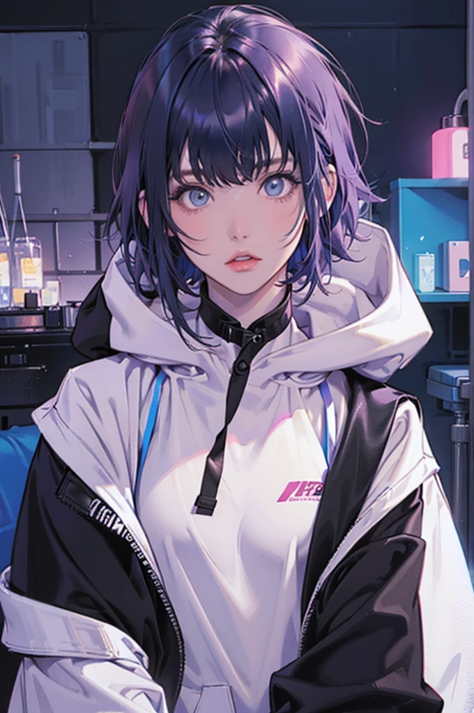 Fashion Portrait Color Photo, Woman, Neon light、Big hoodie、Ultra-detailed,High resolution,super detailed skin, Professional Lighting,Landscape of the near future