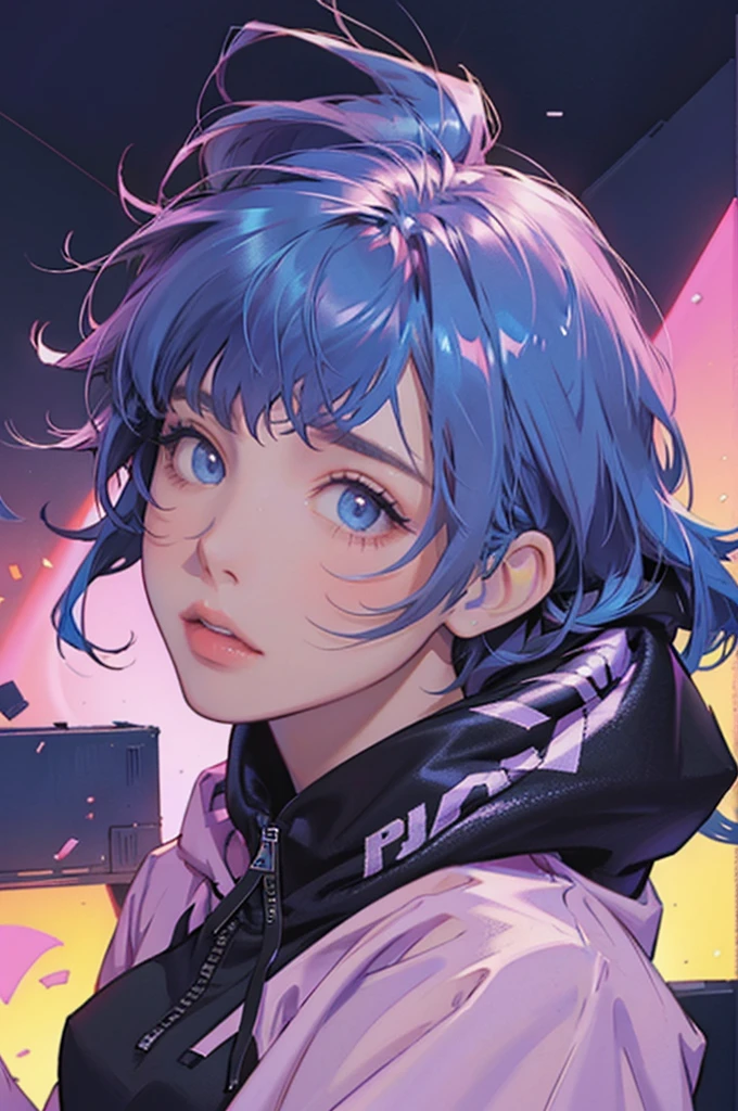 Fashion Portrait Color Photo, Woman, Neon light、Big hoodie、Ultra-detailed,High resolution,super detailed skin, Professional Lighting,Landscape of the near future