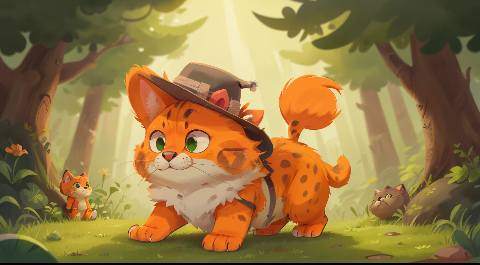 Disney-style cat, orange-spotted, green eyes, full figure, fluffy fur, hind legs on the ground, right front paw with long claws, cunning face, Wearing a bowler hat