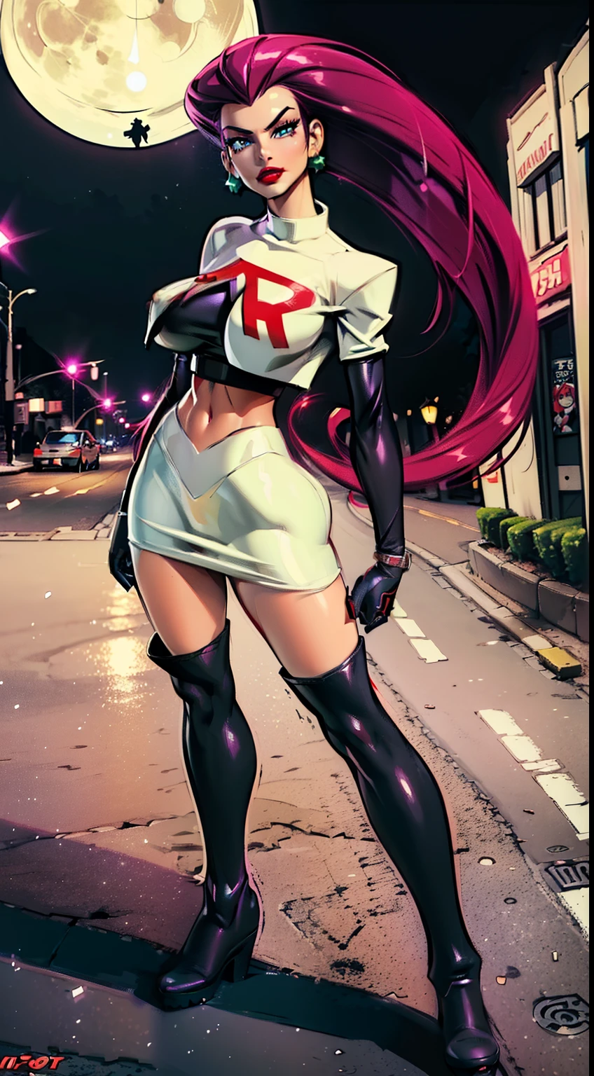 ((Cowboy shot:1.4)) 1 Same Girl , Perfect Beautiful , Pokémon character Jessie, (team rocket uniform) ((Jessie)), ((gigantic breasts:1.2)) (red violet hair), Extreme Detailed Portrait With Bokeh Effect , Realistic Lighting , ( ((black boots)) above knees:1.4), ((long hair:1.2)), (slicked back hair), Night Street View , Dark Vibe , Crowd , Gothic Makeup , (black gloves :1.2), (white skin:1.4) , (red lipstick:1.4), (giant red R on shirt),((white crop top, white skirt))Posing Like a Model , Look at Viewer, cool lighting, blue street lamp light ((moonlight ambiance light:1.0))