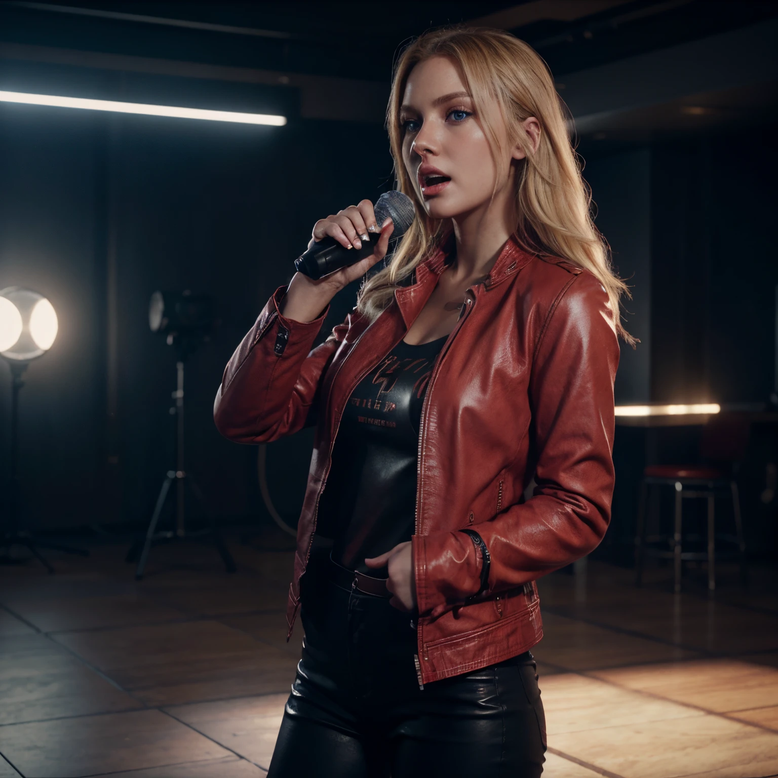 Blonde woman, blue eyes, singing with a microphone, red leather jacket, black pants, perfect body, ultra-realistic HD, 8K render, realistic, cinematic, photorealistic, Unreal Engine 5, bright sunny day, full screen.