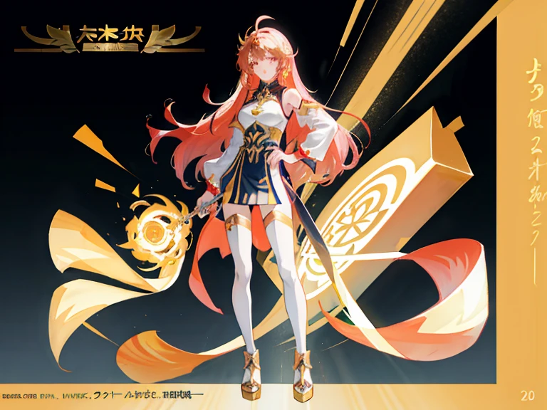 Supreme，Golden Outfit，Long Goldern Hair，golden eyes，Standing on your feet，One arm crosses your waist，Chinese girl design，Detailed Genshin graphics，anime character design，anime concept art，pretty anime character design，anime character reference sheet，[character design]，