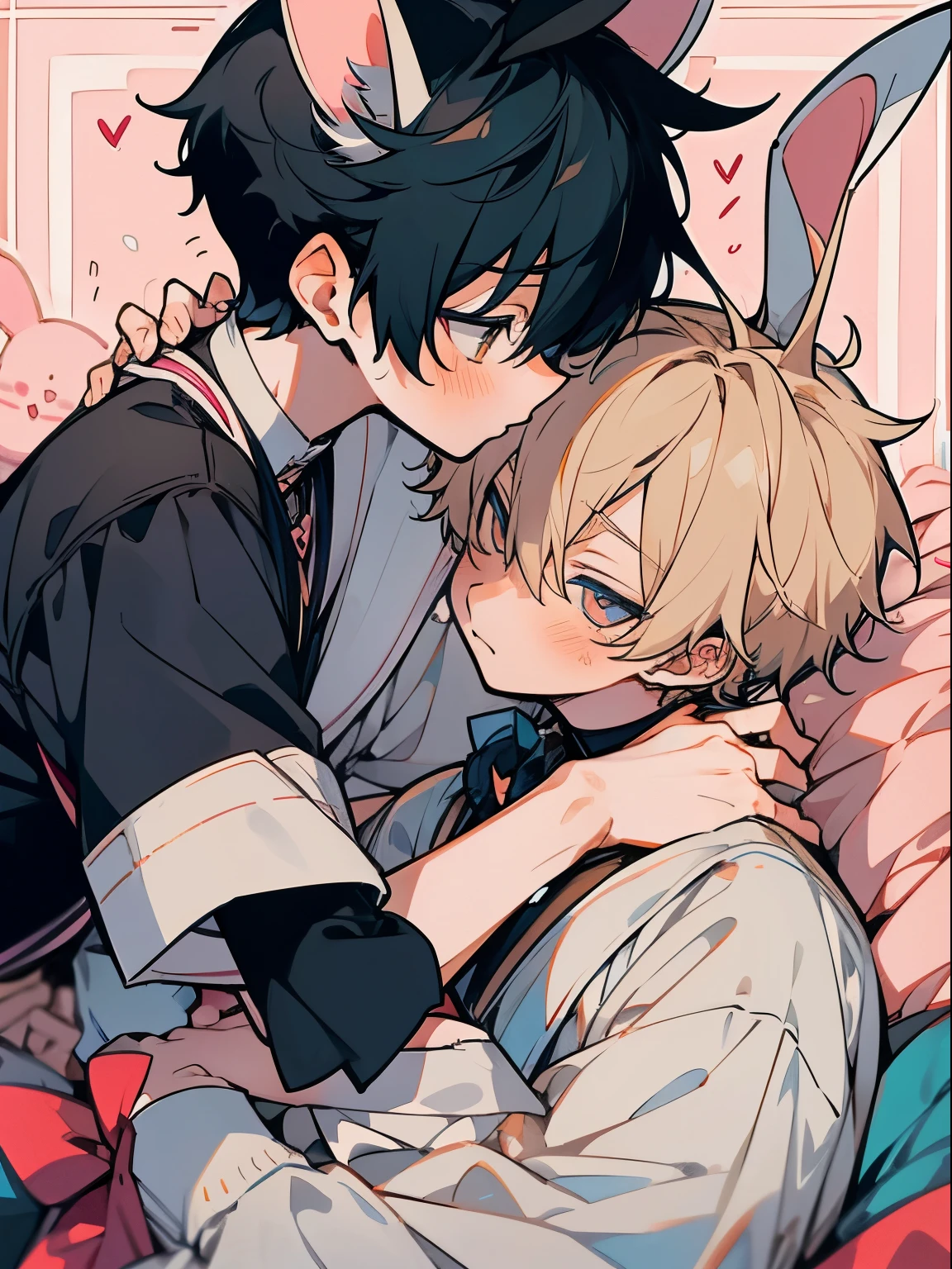 Anime boys kissing Bunny boy Shota Boy Rabbit ears Two boys Hugging each other Close contact Sexy Close-up Looking at camera Shy Hand on boy&#39;s waist Menacing Cheeky expression Kabe-don Cuddle