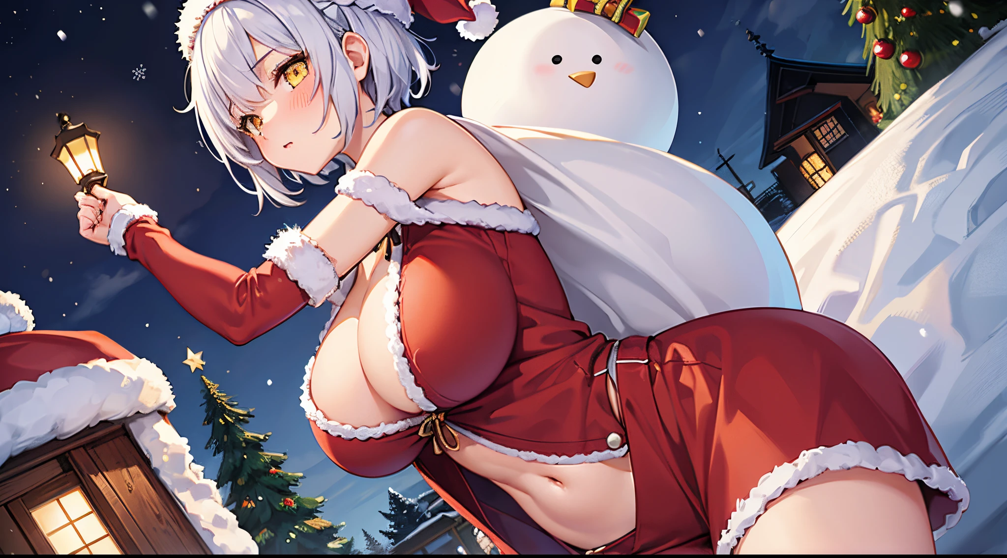 1 girl, game cg, Santa suit, shoulders visible, cleavage visible, belly button visible, Santa hat, gigantic breasts, silver hair, short hair, french braid, yellow eyes, night, Christmas, from the side, Christmas tree, outside, snow ,blush,