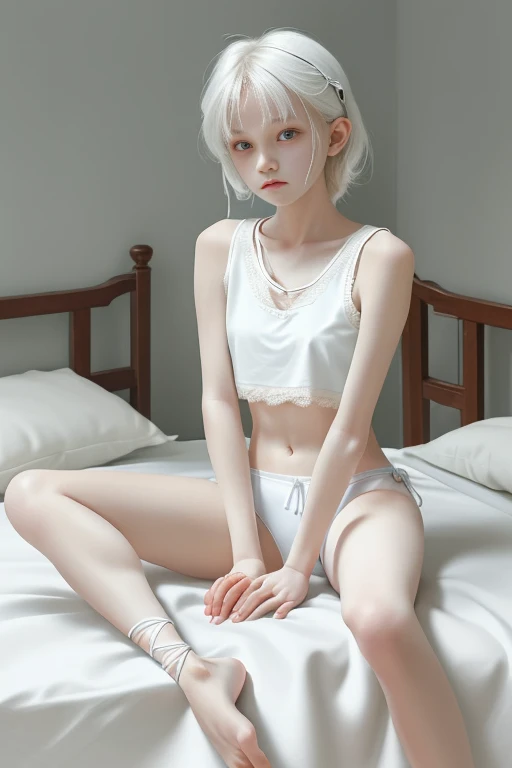 Correct human anatomy，Milky skin，underage girl，Small under breasts，White sleeveless T-shirt，Crop topping，White lace-up thong，delicate hand，legs long，The barefoot，femele，sit on a bed，