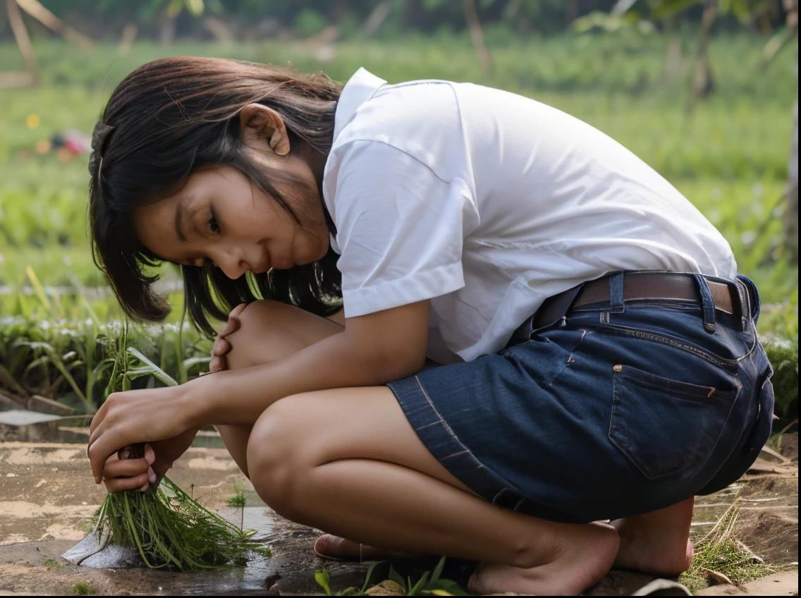 Seorang anak kecil gemuk sambil teriak "Daeng Ichal" pakai sarung berlari sambil menangis di pematang sawah dikejar ibunya pakai sapu suasana pedesaan, realistik