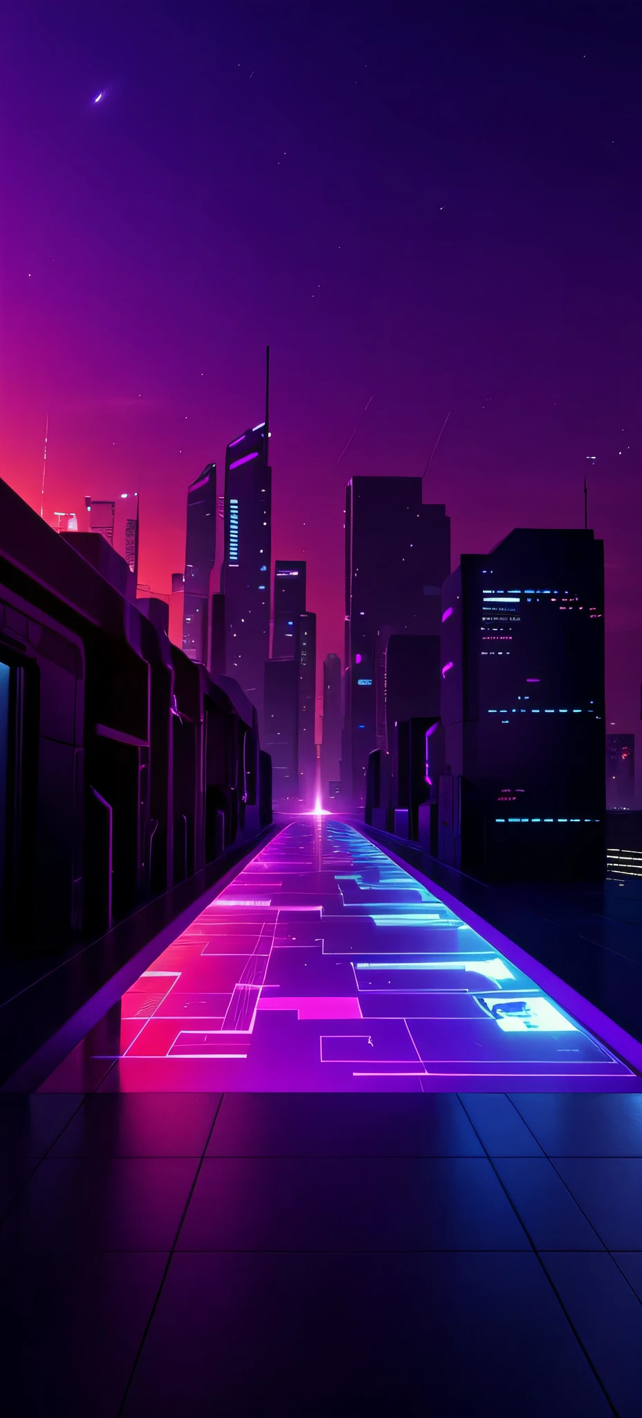 Cyberpunk space expansion scene，The city of sunsets，blue-purple color scheme，Floor tile projection，City silhouette