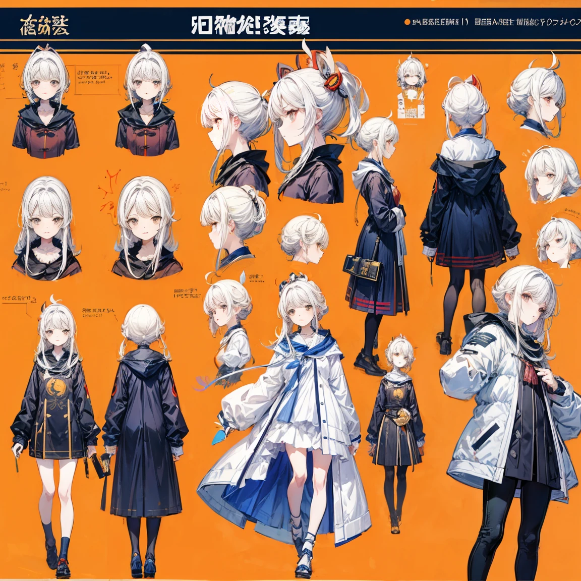 Type sheet, Character Sheets, Three types，Shot Full Body，Game Character Design，Victorizo ∨TSE∨，Orange background, Stylistic expression, inspired by Alphonse Mucha, A lot of style, flat shading flies, Abstract art,highr， Snowman padded jacket，White color hair，White eyes，standing on your feet，Chinese girl design，Genshin detailed art，Anime character design，anime concept art，pretty anime character design，anime character reference sheet，[character design]，