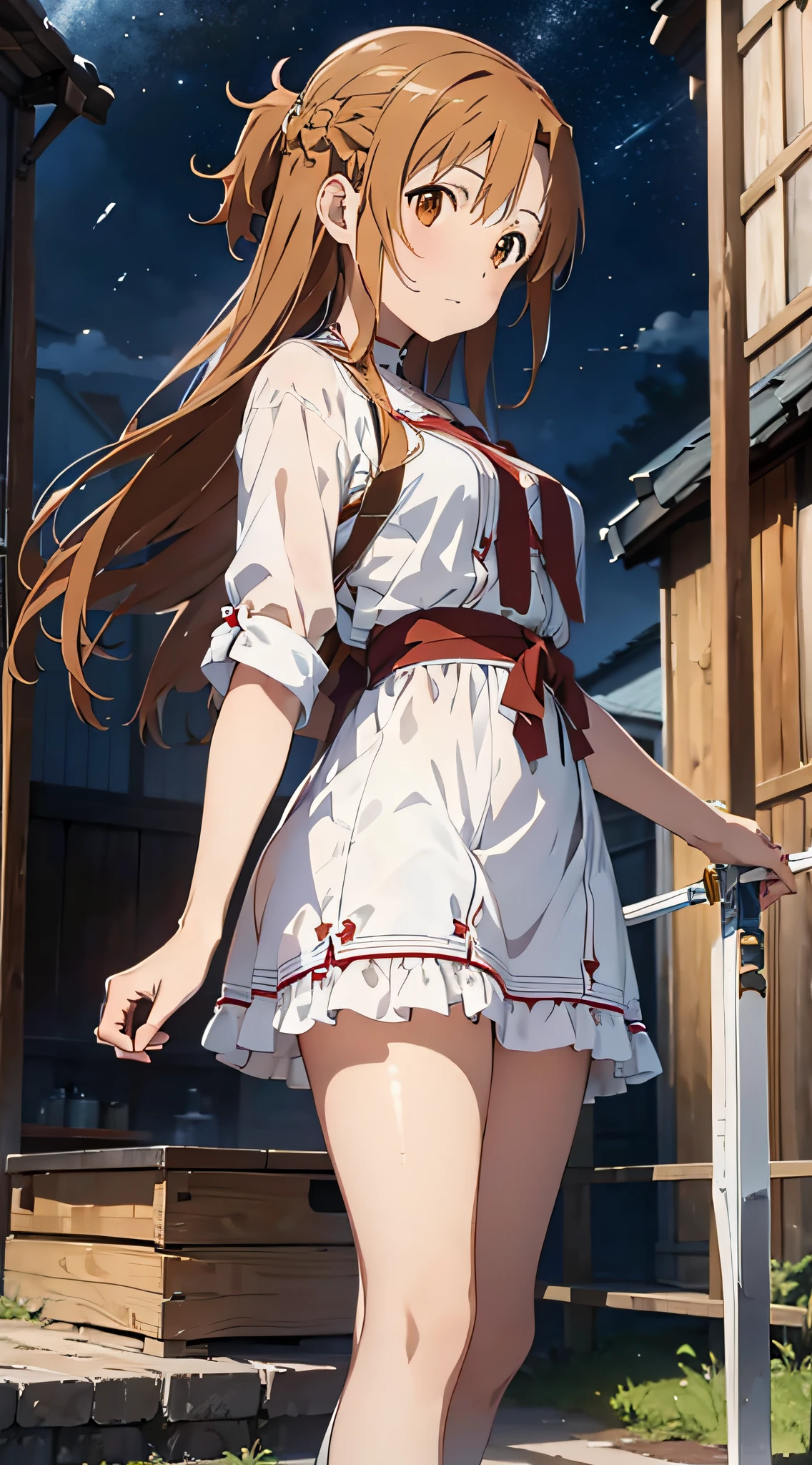 Masterpiece, clarity, clear drawing, best quality, high resolution, 4K, Asuna Yuuki \(Sword Art Online\), White dress, looking at viewer, ribbon in hair, side view, goddess, full body shown, standing up, blank background, PNG