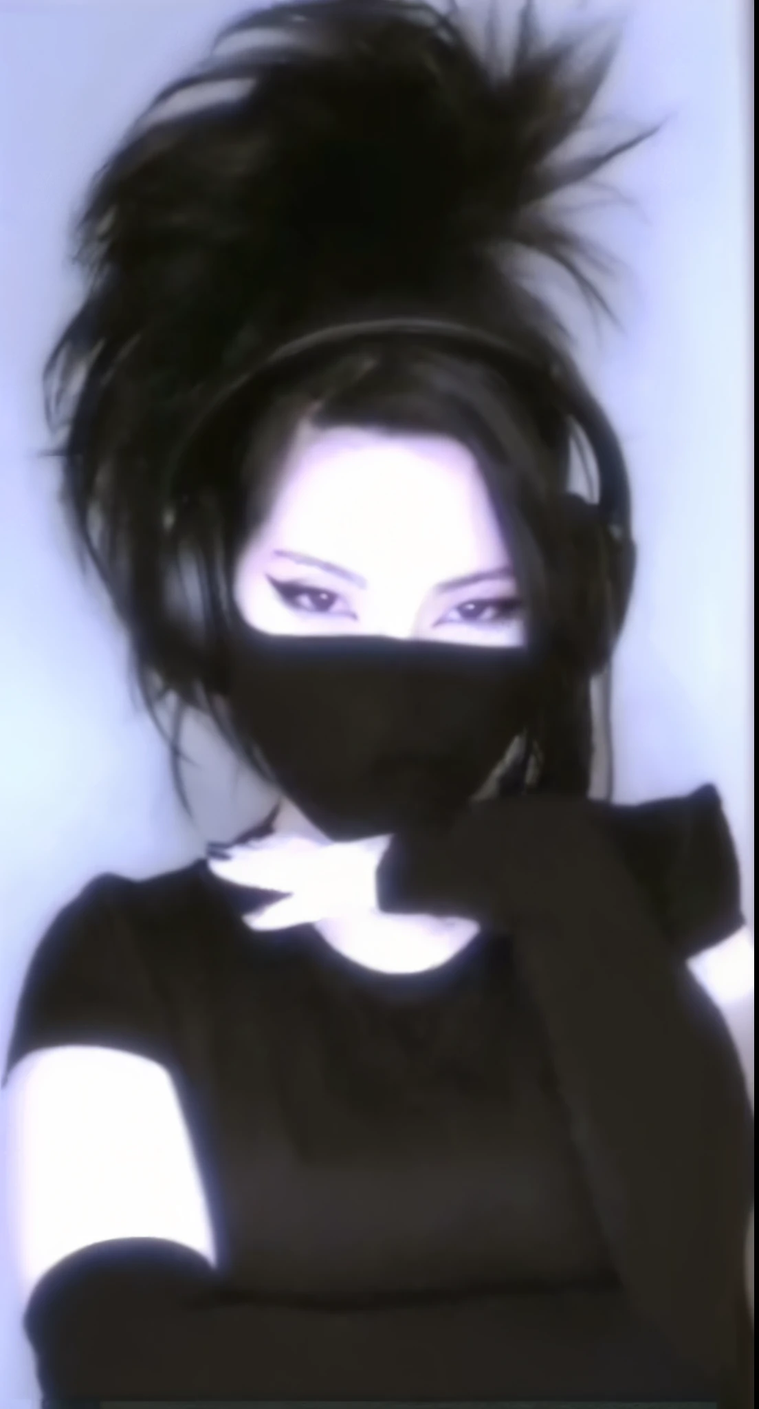 anime girl with black hair and a black mask posing for a picture, goth ninja, style mix of æon flux, wearing all black mempo mask, darkwave goth aesthetic, style is a blend of æon flux, inspired by Ayami Kojima, masked, glamorous tifa lockheart, profile pic, inspired by Leng Mei, cybergoth, no clothes