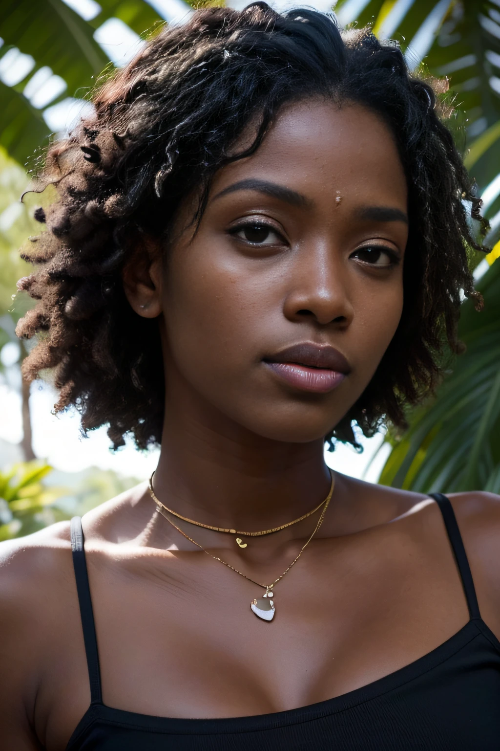 full-shot photo of a cute 29 y.o black woman, Puerto Rican, dark curly hair, looking down at belly, wearing orchid pendant, lovely lips, natural detailed skin (skin pores:0.7), natural detailed hair, (skin moles:0.3), standing at living room, natural light, warm colors, (film grain:1.0), wearing white casual athletic outfit,