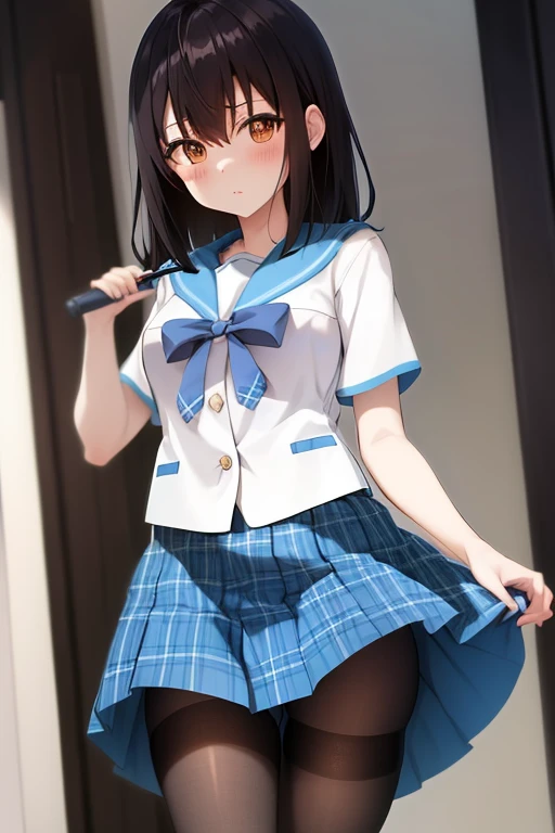 masutepiece, Best Quality, hight resolution, 1 Girl Himeragiyukina Shorthair, Serafuku Blue Bow Blue Skirt Plaid Skirt,black pantyhose king