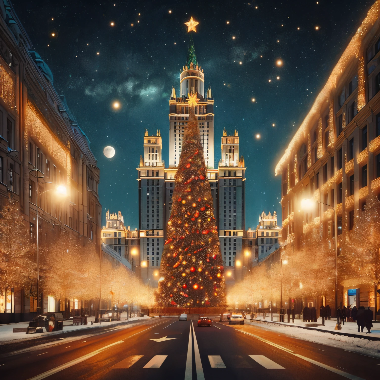 Rough Christmas tree on the city street々Nice view, moscow, Central Moscow, Andrey Gordeev, Magical Soviet Town, Yulia Nevskaya, Sergey Krasovsky, Sergey Zabelin, Moscow street, by Igor Grabar, Holiday Season, Beeple Style, christmas night, beautifully lit buildings