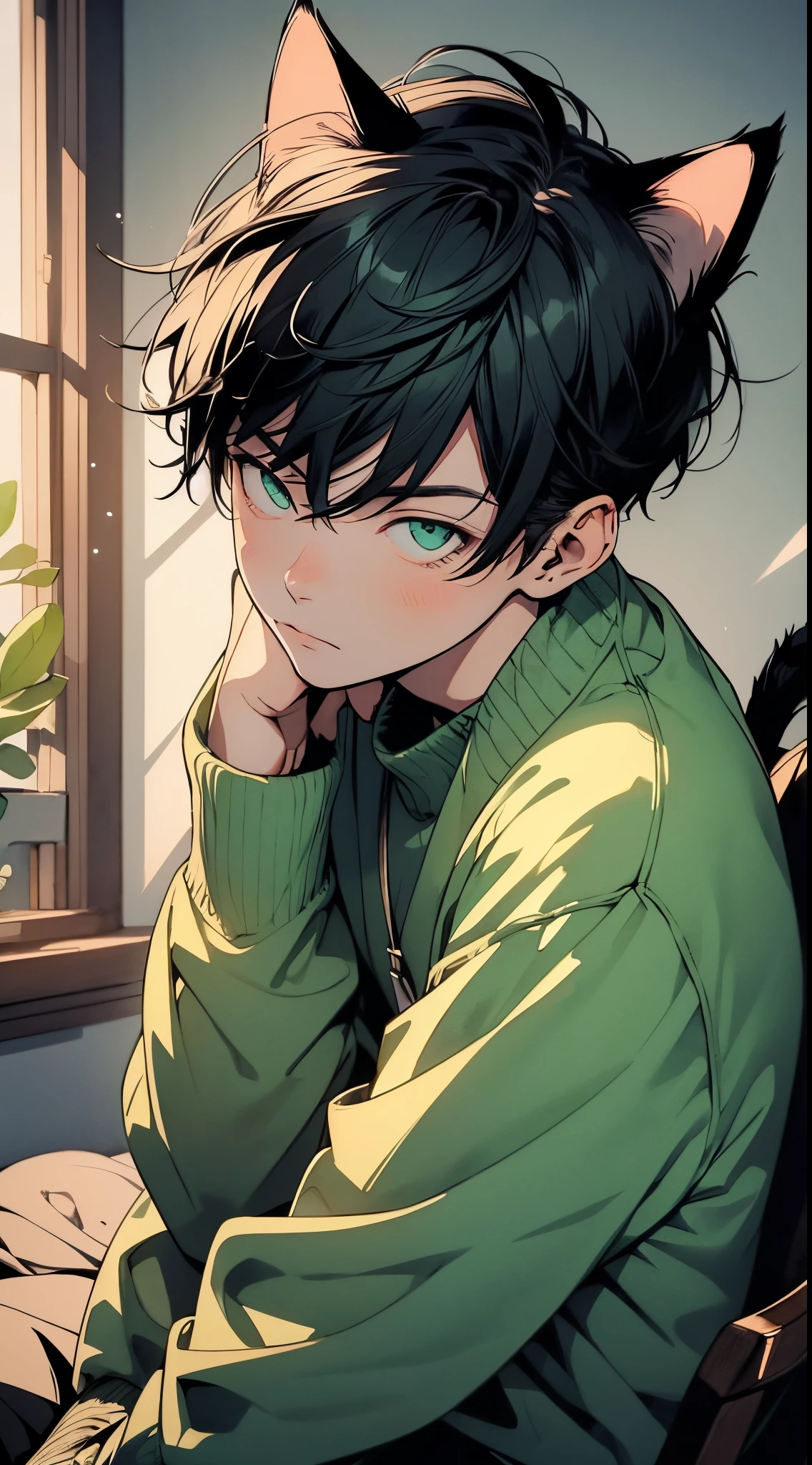 A Man, A Man, a handsome man, masutepiece, Highest Quality, Highest image quality, Clear line drawing, Transparent watercolor, Clear shading, Handsome young man, Short black hair, Green eyes, Stylish costume with cat ears, Playful sitting posture with head slightly tilted, Playful and curious expression, cat tail swaying in the background, Cozy rooms with cat-themed decor, Close-up from low angle, Soft glow around cat ears.High quality, amount of drawing, pixiv illustration