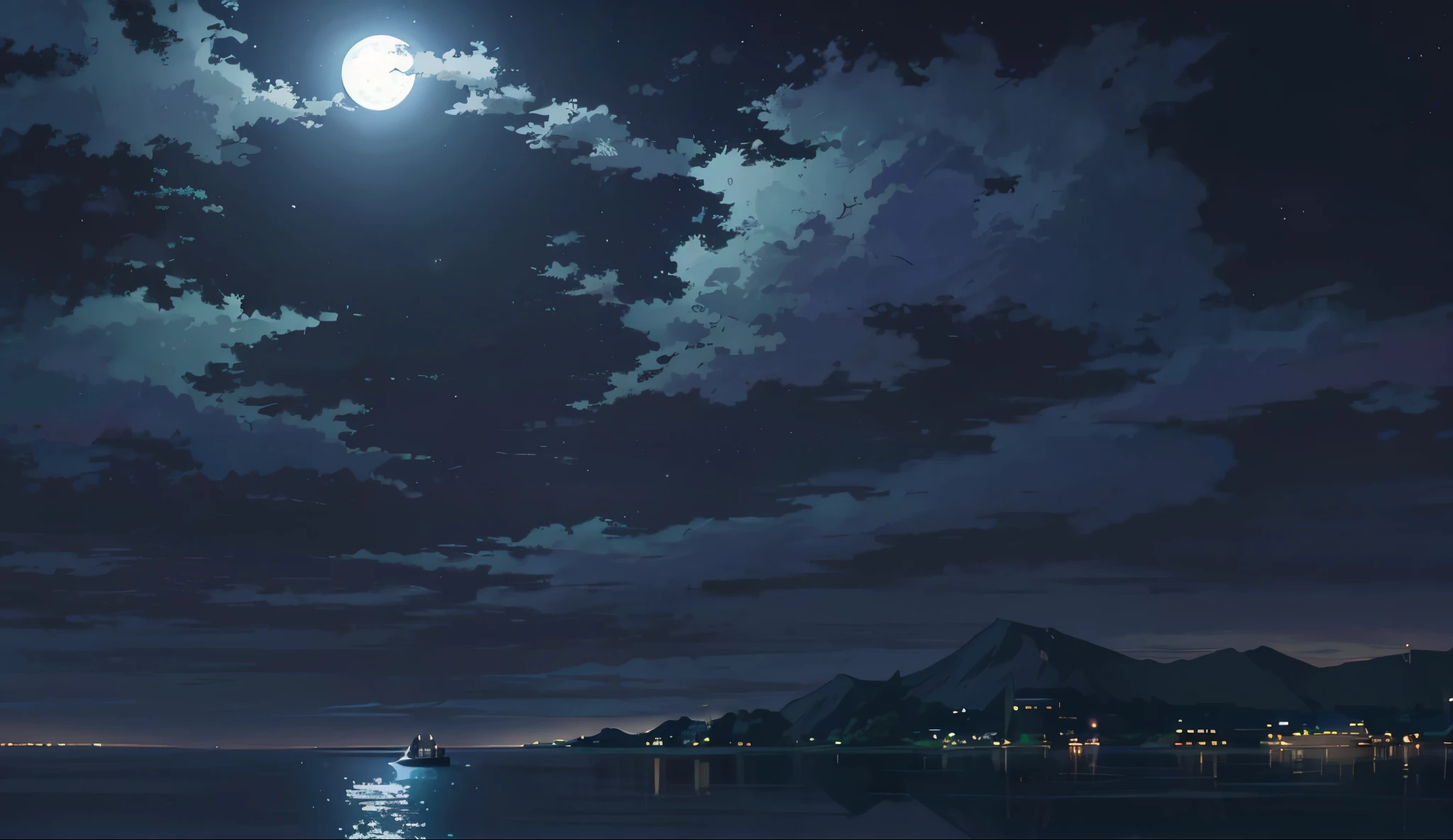 night scene of a full moon over a lake with a boat in the water, night scenery, anime background, calm night. digital illustration, night background, anime background art, anime landscape wallpaper, moonlit night dreamy atmosphere, beautiful moonlight night, moonlight background, night landscape, 4k anime wallpaper, anime art wallpaper 8 k, night sea, 4 k manga wallpaper