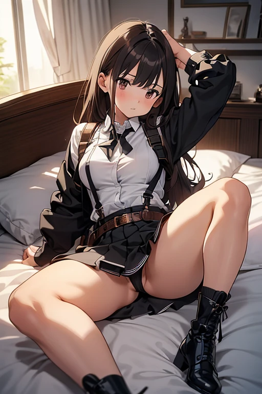 Brown hair、watching at viewers black suspenders Bulging big breasts walls: Black miniskirt garters Gaze Small face bangss holster Belt Armament Beautuful Women srestrained hands up Lying in bed Leg holster lying on the bed Gaze black boots panty shot
