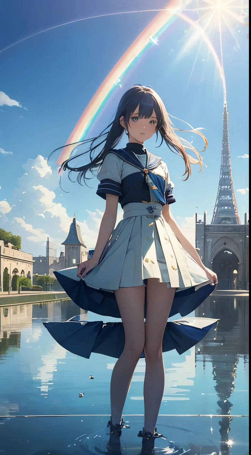 Maxwell Armfield, Aquirax Uno, Surreal, mysterious, strange, fantastical, fantasy, Sci-fi, Japanese anime, beautiful high school girl in a glass miniskirt, perfect voluminous body, transmission, reflection, refraction, creating a rainbow, glass crystal and wave of light, from the town square to the horizon, detailed masterpiece
