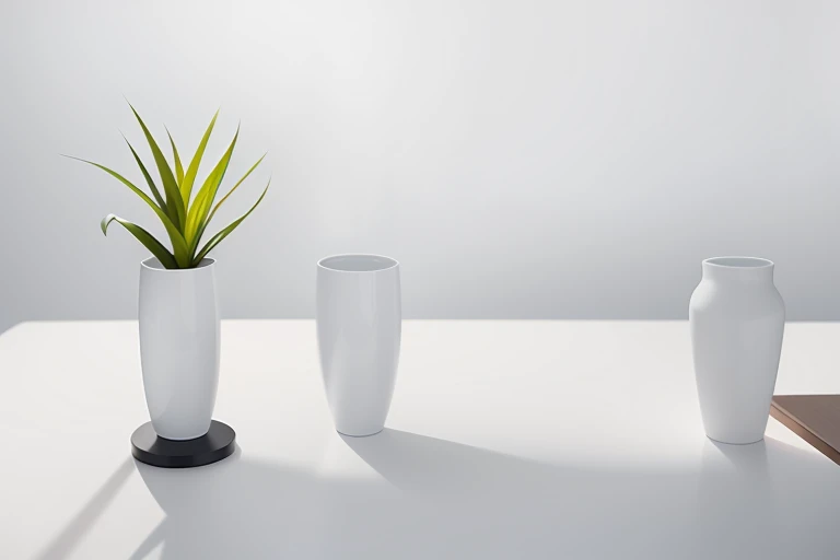 Two vases on a table with a white top, product introduction photos, on a white table, product photograph, rectangle white porcelain table, table light, product introduction photos, products shot, full - length view. white plastic, product photograph, White table, light lighting side view, detailed product photo, Product design shooting