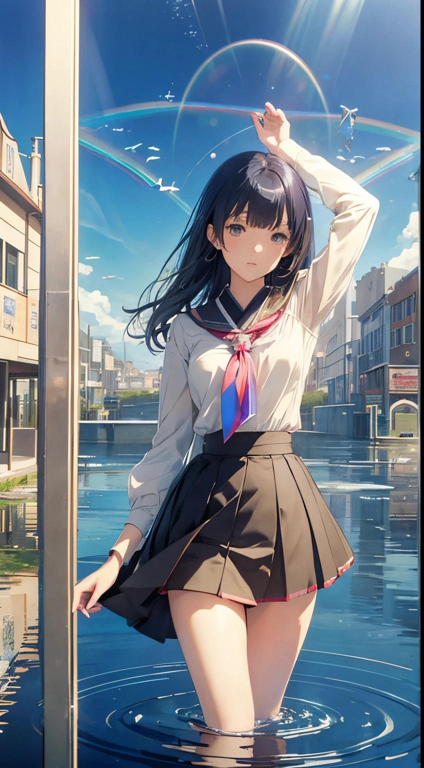 Maxwell Armfield, Aquirax Uno, Surreal, mysterious, strange, fantastical, fantasy, Sci-fi, Japanese anime, beautiful high school girl in a glass miniskirt, perfect voluminous body, transmission, reflection, refraction, creating a rainbow, glass crystal and wave of light, from the town square to the horizon, detailed masterpiece